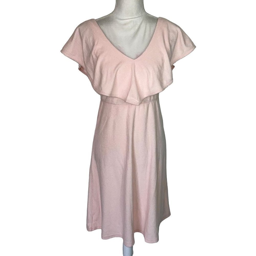FRNCH Womens Summer Dress Pink Size Medium Mini Ruffle Popover Terrycloth V Neck